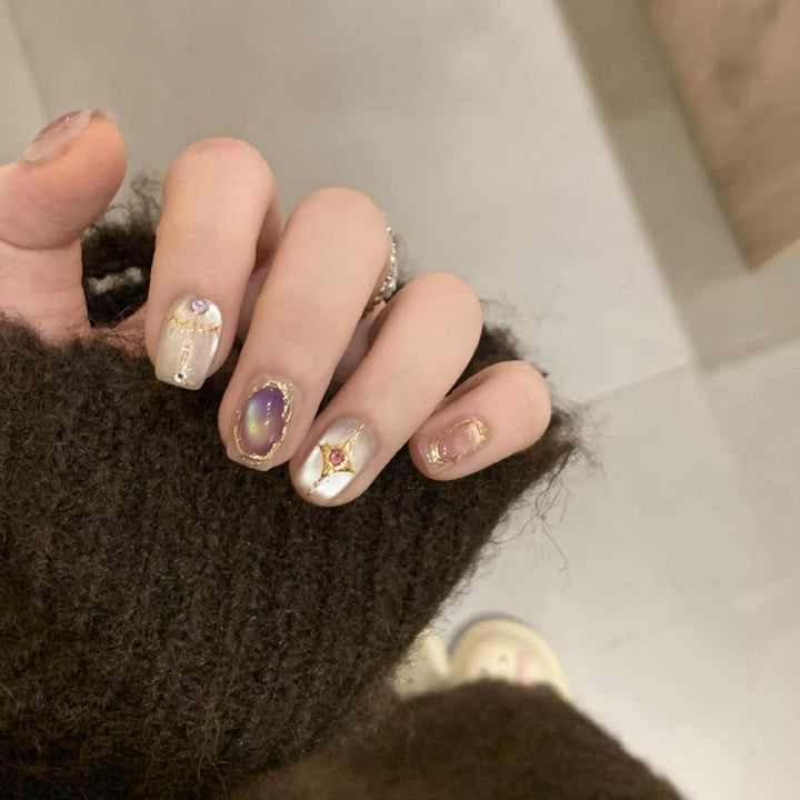 Elegant Artificial Nail Set with Glamorous Rhinestone and Glitter Details Kalsten