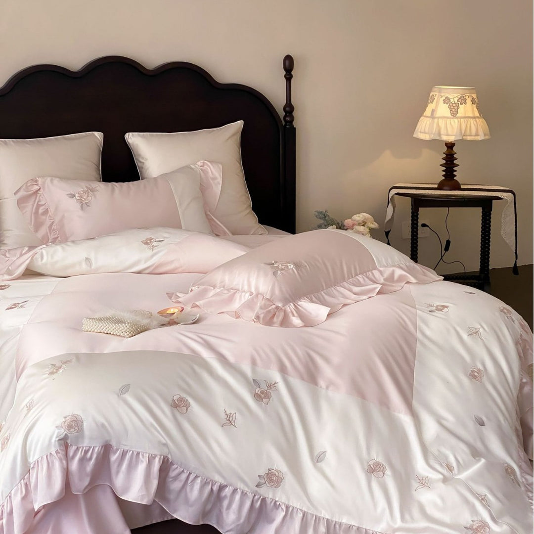 Elegant satin bedding set with ruffle and fine rose embroidery