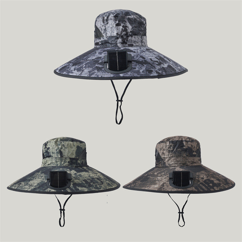Wide-brimmed outdoor sun hat with solar-powered micro fan, breathable mesh and adjustable chin strap Kalsten