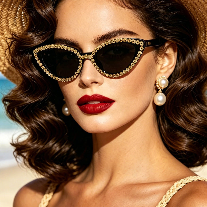 Ladies Glamorous Cat-Eye Sunglasses with Sparkling Flower Accents Kalsten