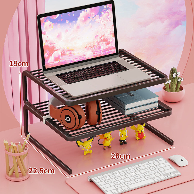 Tiered Adjustable Metal Laptop and Monitor Riser with Ventilated Slatted Shelves and Under-Storage Organizer