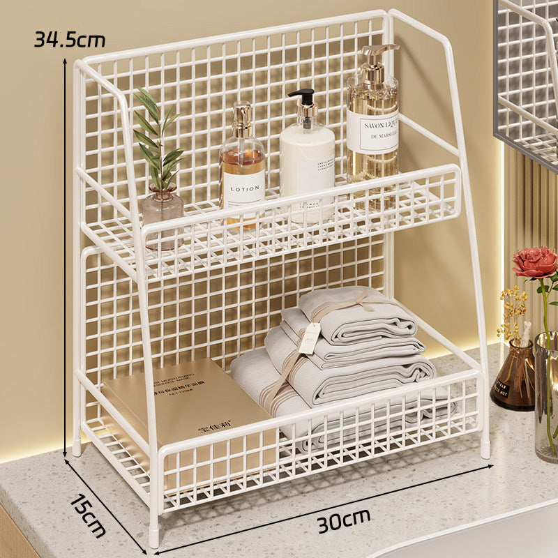 Angled Desktop Mesh Vanity and Countertop Organizer with Three Wire-Tier Baskets and Grid Back