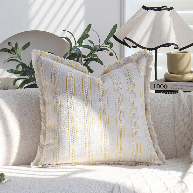 Square decorative cushion cover in linen-cotton blend with fine stripes and decorative fringed edge Kalsten