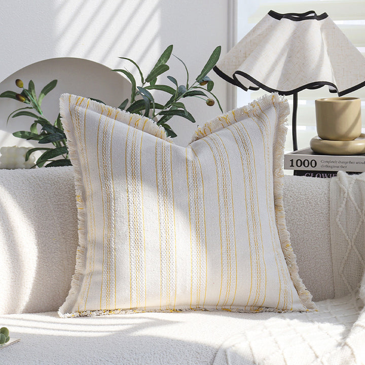 Square decorative cushion cover in linen-cotton blend with fine stripes and decorative fringed edge Kalsten