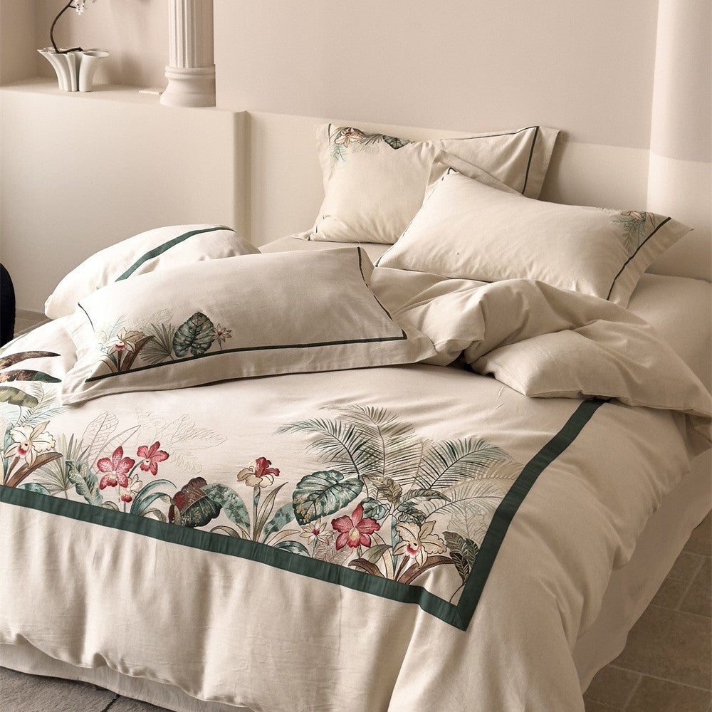 Bedding set with exotic landscape print and cotton-linen blend