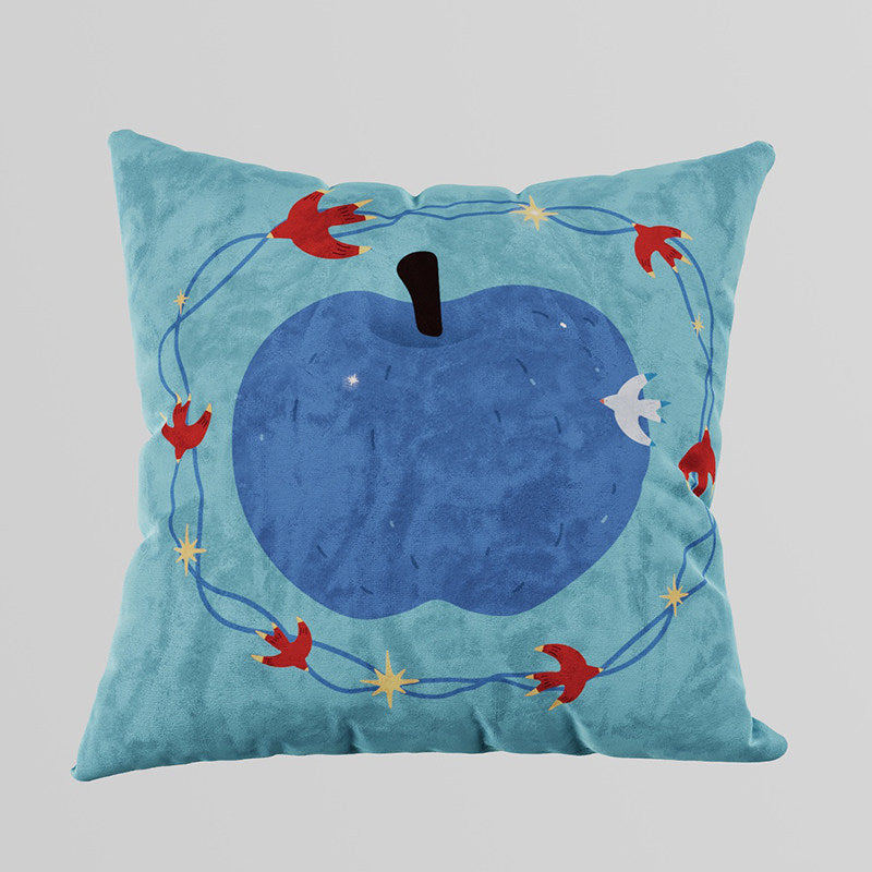 Decorative Velvet Square Throw Pillow with Illustrated Apple & Swallow Motif