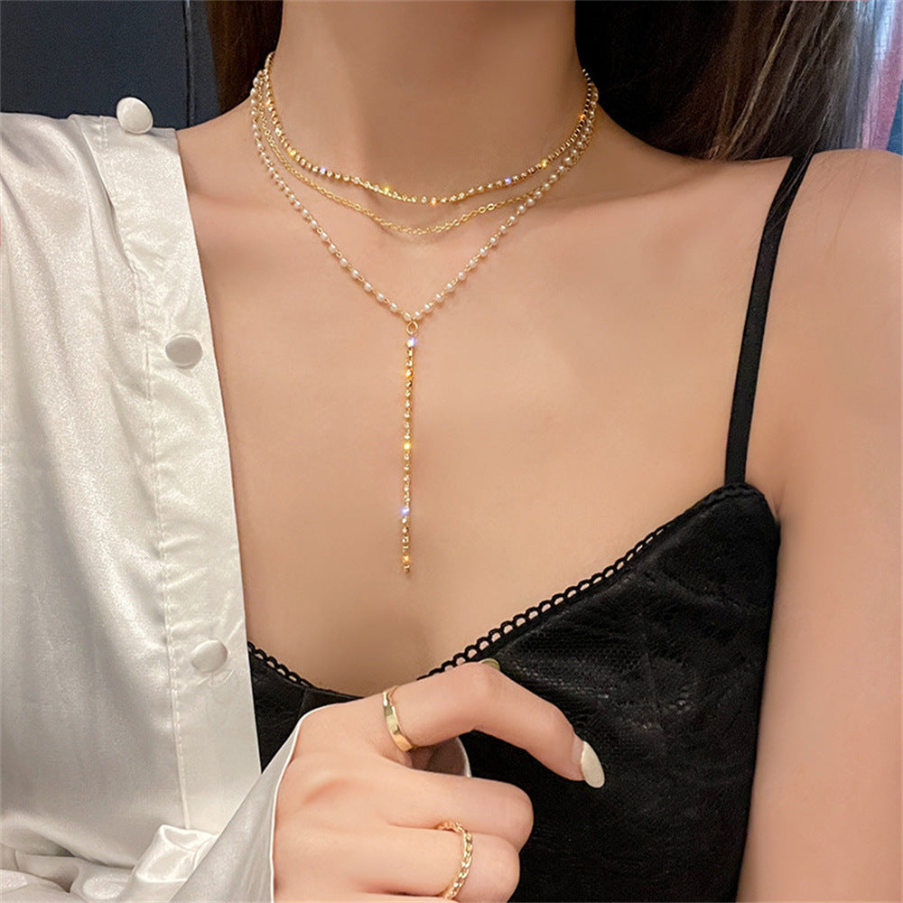 Layered Crystal and Pearl Necklace Kalsten