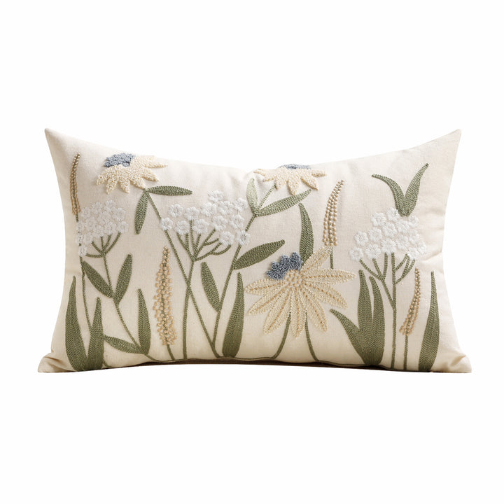 Embroidered Floral Lumbar Throw Pillow Cover with Textured Chenille Appliqué and Hidden Zipper