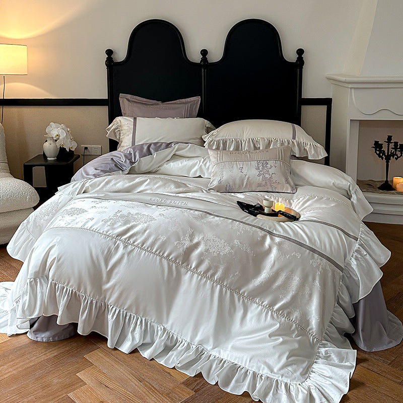 Elegant satin bed set with ruffled trim, fine jacquard and decorative pillow