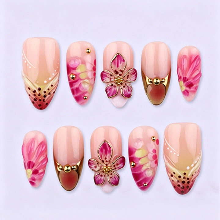 Artificial nail set with floral accents and sparkling details Kalsten