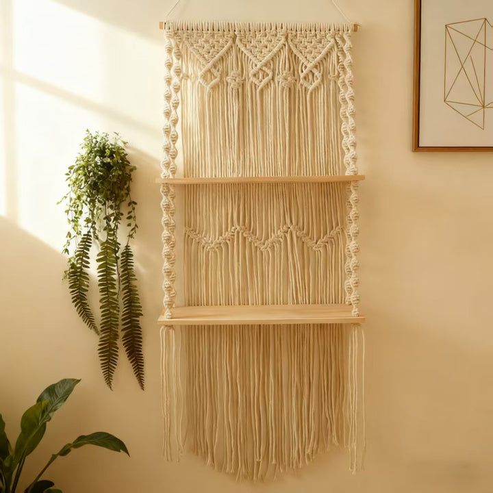 Macrame Hanging Wall Shelf Organizer With Tiered Wooden Ledges And Decorative Fringe