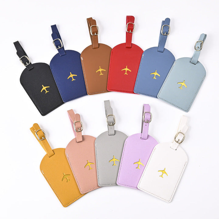 premium leather luggage tag with adjustable buckle strap and embossed airplane Kalsten