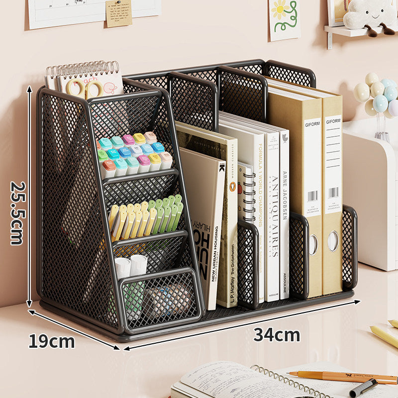 Mesh Multi-Section Desktop File & Stationery Organizer with Angled Pen Tiers