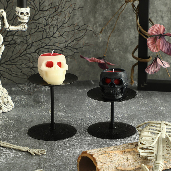 Skull-Shaped Decorative Wax Candle with Metal Pedestal Holder