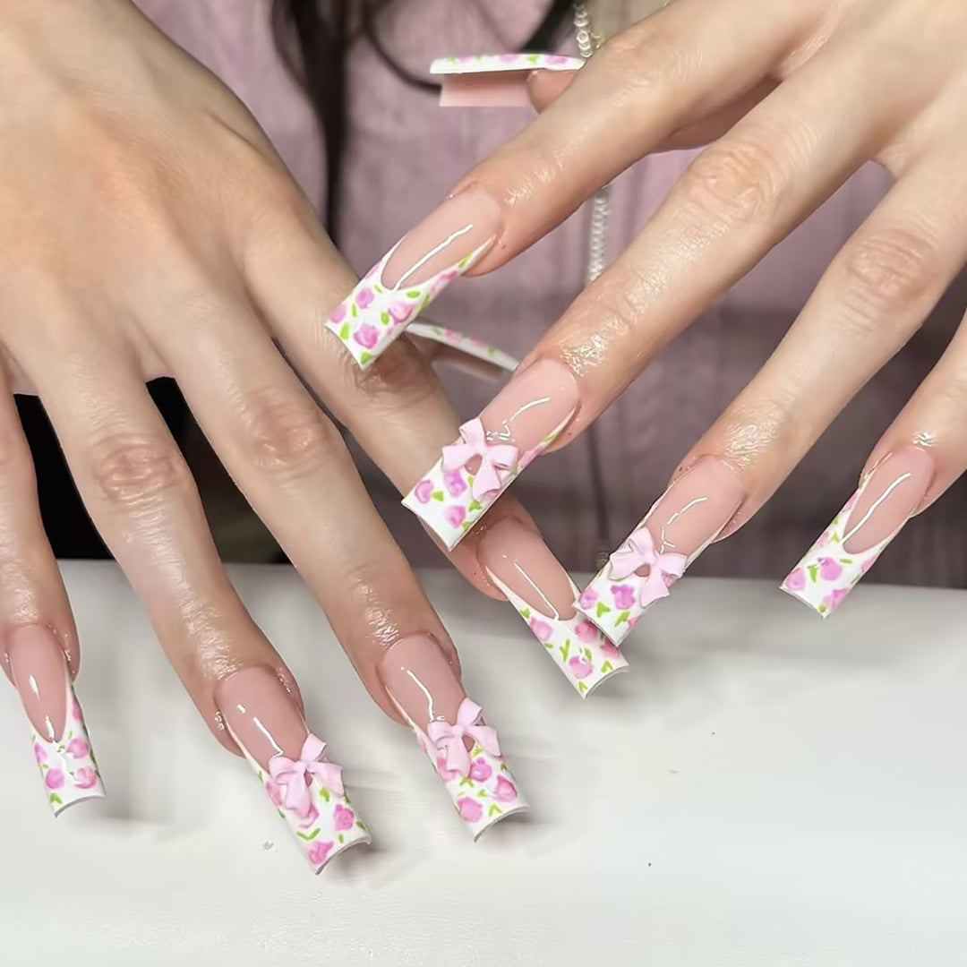 Floral Bow-Design Long Press-On Nails Kalsten