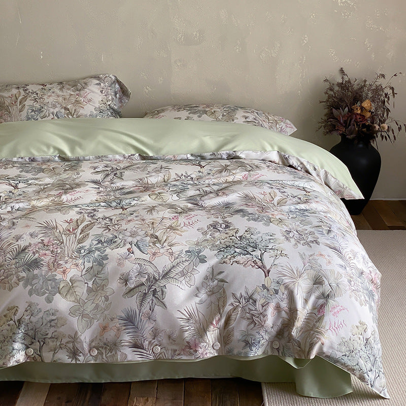 Premium cotton satin duvet cover set with floral jacquard relief and button closure