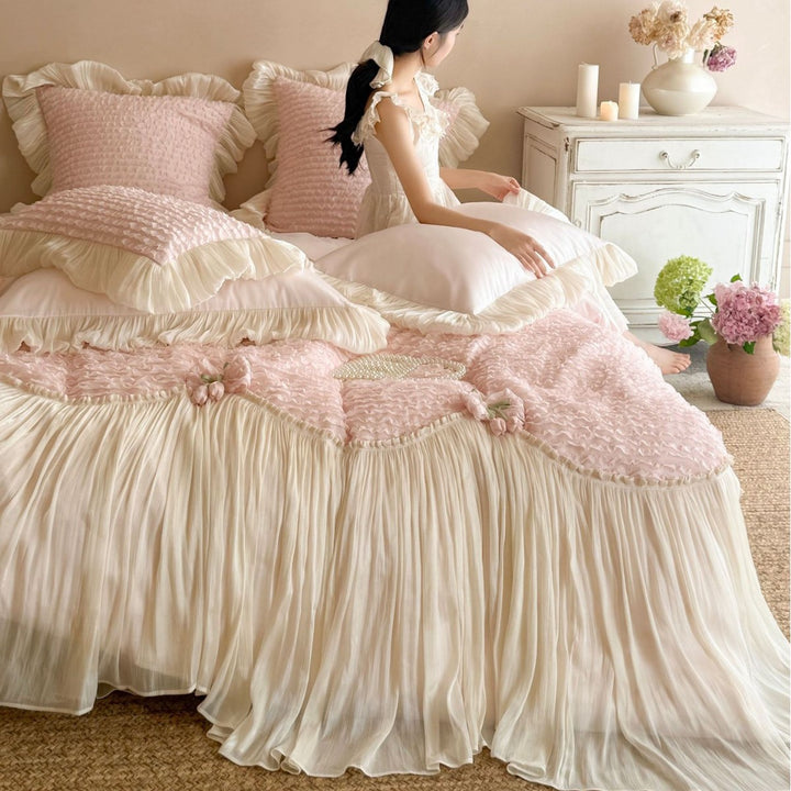 Luxurious duvet cover set with pleated bed skirt, ruffles and delicate frill decoration