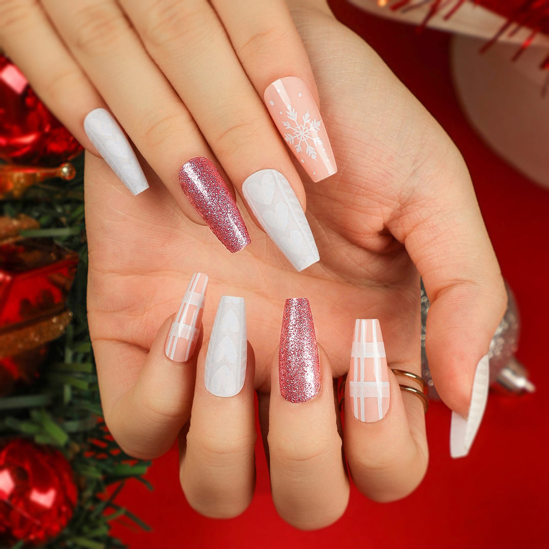 Artful Nail Extensions with Festive Glitter Design Kalsten