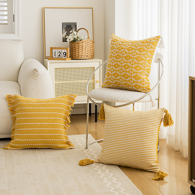 Woven Horizontal-Stripe Square Throw Pillow with Fringed Edges and Removable Cover