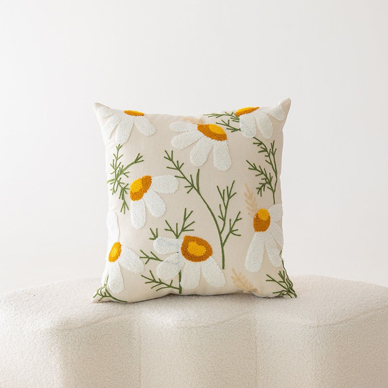 Embroidered Floral Cotton-Linen Square Throw Pillow Cover with Hidden Zipper and Textured Appliqué