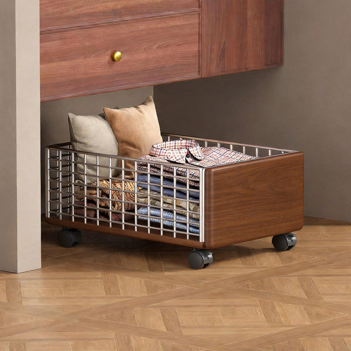 Low-Profile Sliding Wire Basket Storage Drawer with Wood-Effect Front and Swivel Casters