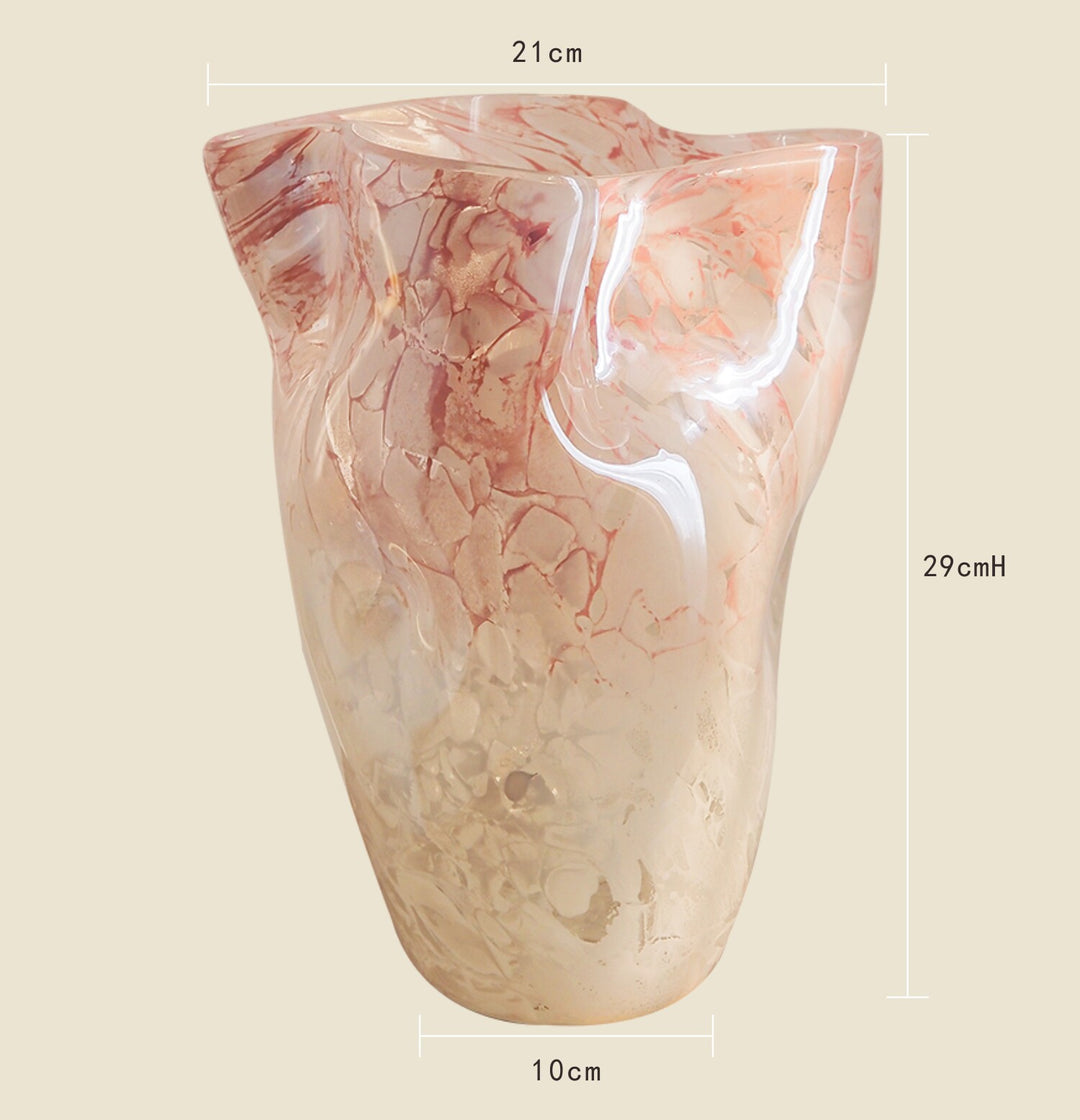 Handblown Marble-Effect Tall Sculptural Glass Vase with Organic Ruffled Rim Kalsten