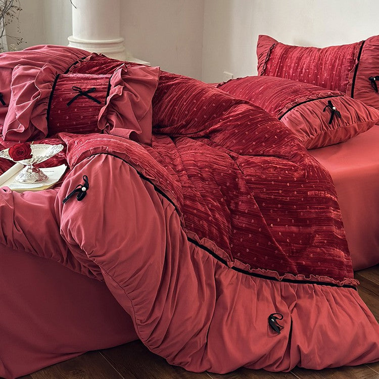 Bedding set made of velvety microfiber with ruffles, decorative ribbons, and quilted texture