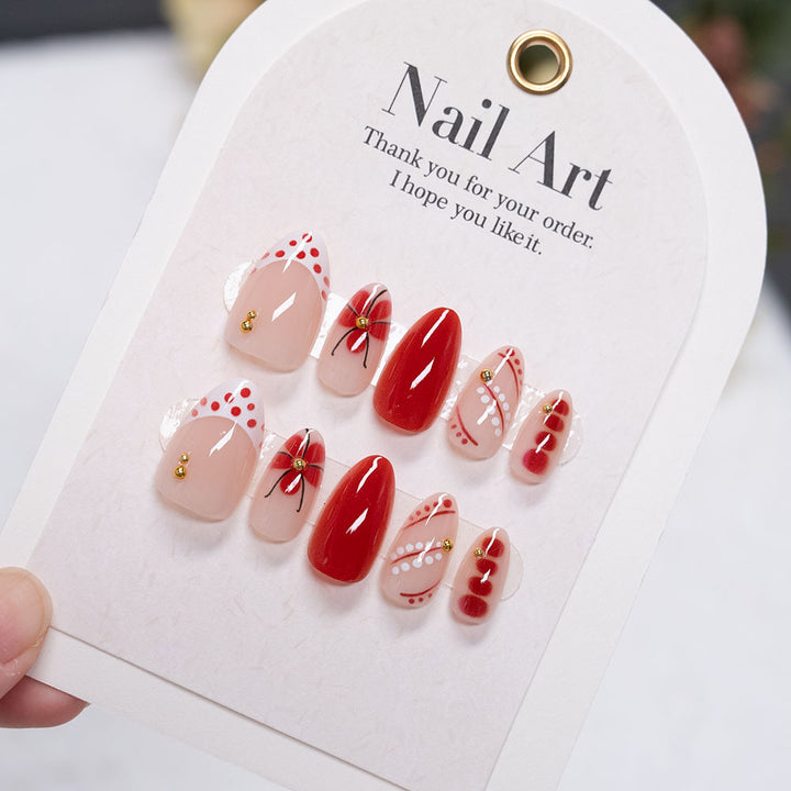 Artistic Press-On Nail Set with Floral and Geometric Patterns