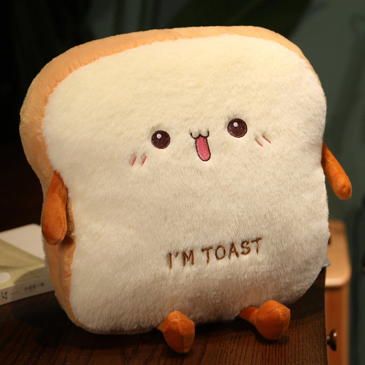 Cuddly plush cushion in toast shape with embroidery and soft filling
