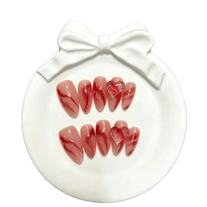 Artistic Marble Press-On Nail Set with Heart Accents