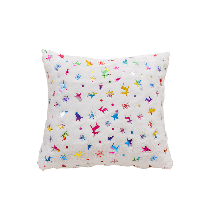 Holiday Faux Fur Decorative Throw Pillow with Foil Reindeer & Tree Print Plush Square Accent Cushion