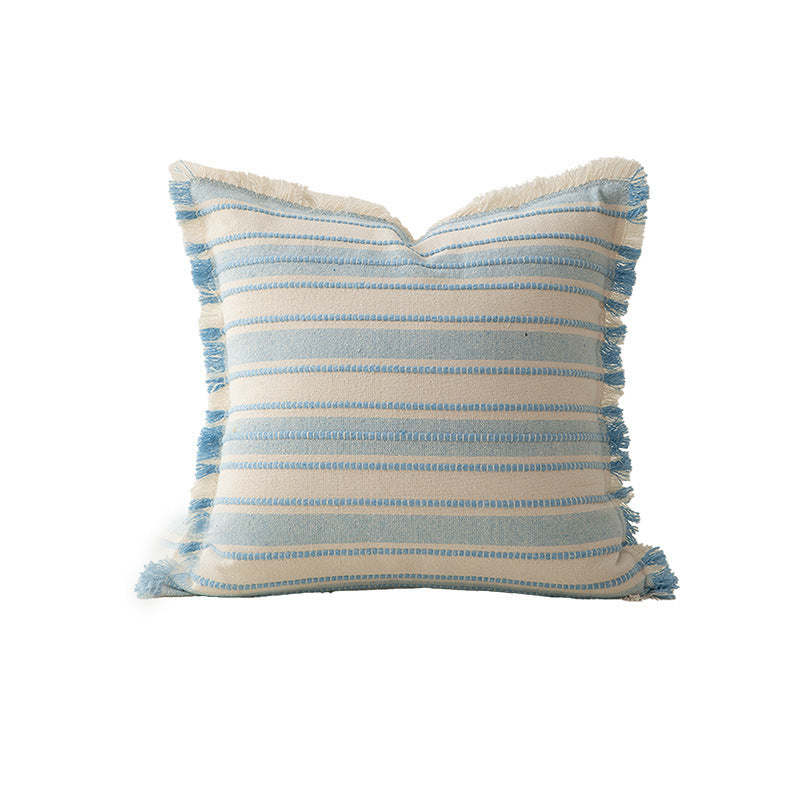 Square striped linen decorative cushion with fringed edge and textured weave
