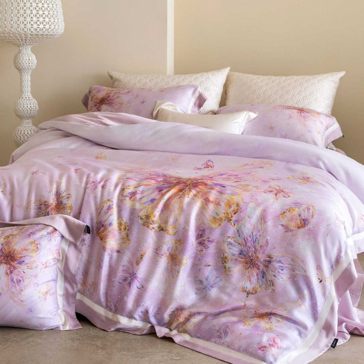 Luxurious cotton satin bedding set with large butterfly print and fine satin piping
