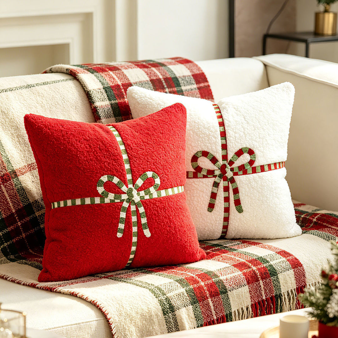 Decorative Sherpa Throw Pillow with Embroidered Ribbon Bow Accent