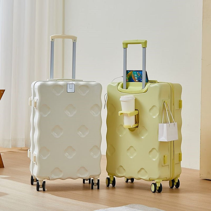 hard-shell carry-on suitcase with integrated foldable cup holder phone cradle USB charging port and external bag hooks Kalsten