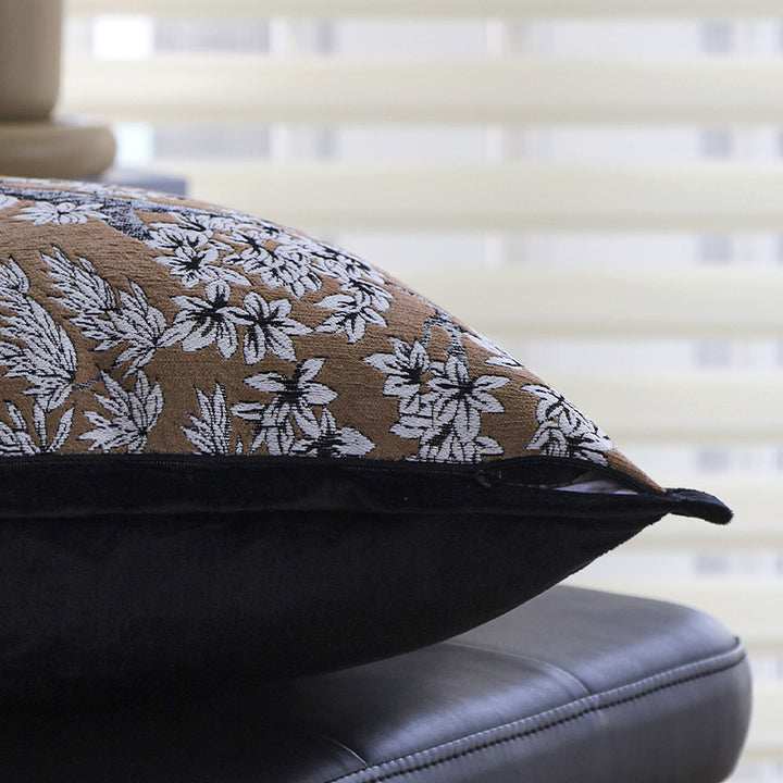 Square embroidered cushion cover made of cotton-linen blend with floral jacquard texture and velvet piping Kalsten