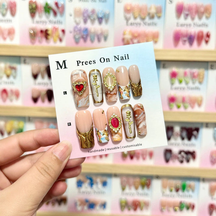 Artistic Press-On Nail Set with Decorative Elements