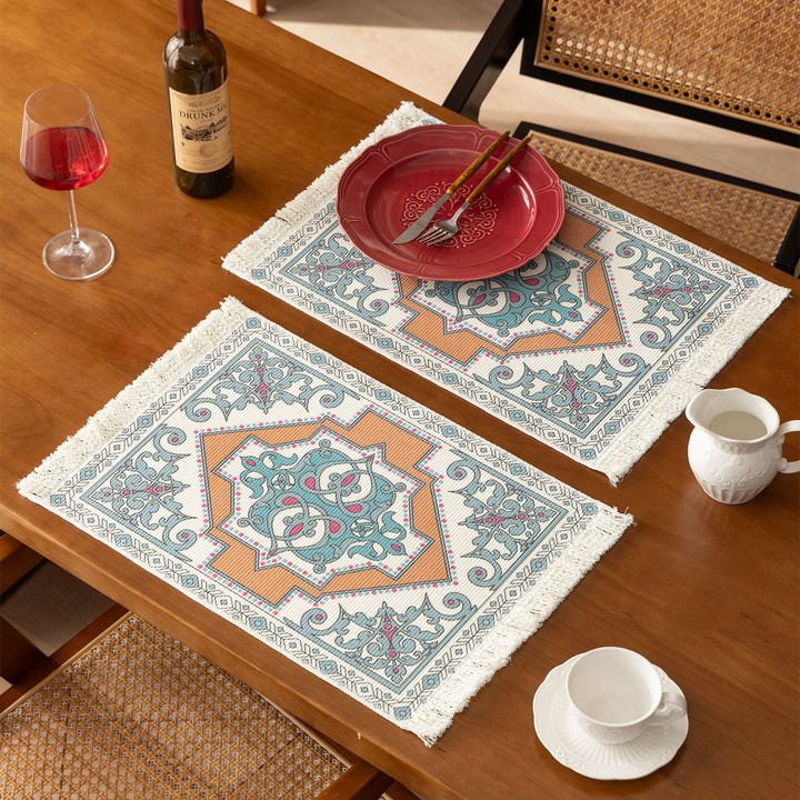 Smaller woven vintage oriental rug with floral medallion design and fringe