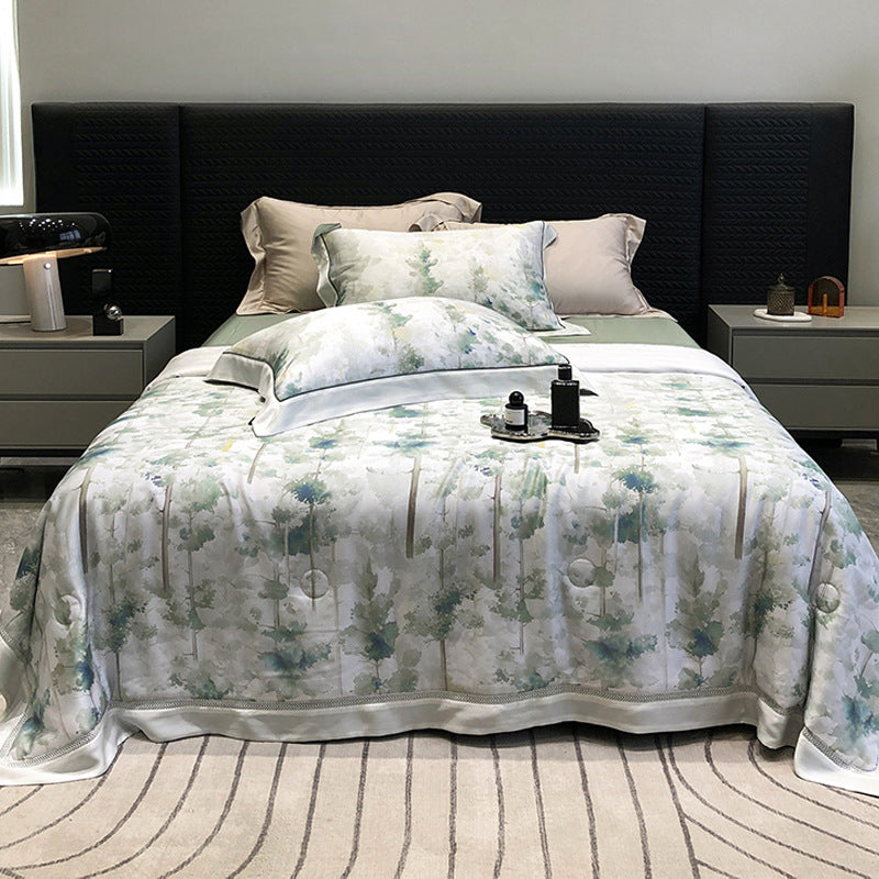 Luxurious cotton satin bedding set with floral watercolor print and fine satin trim