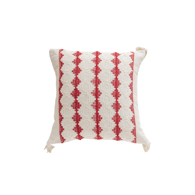 Square Handloom Cotton Accent Pillow with Vertical Embroidered Geometric Bands and Knotted Corner Tassels