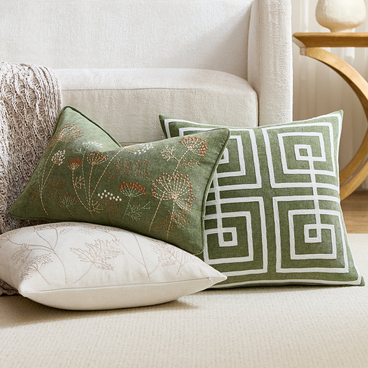 Geometric Embroidered Cotton-Linen Square Throw Pillow Cover with Raised Chenille Maze Appliqué