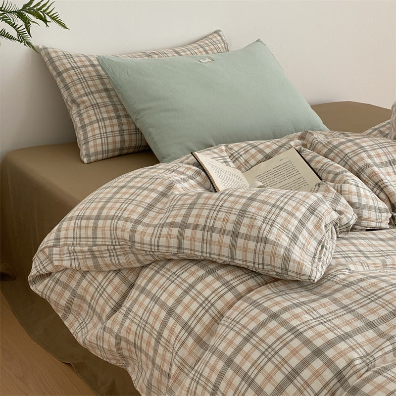Pastel-striped bedding set made of cotton-linen with rainbow embroidery