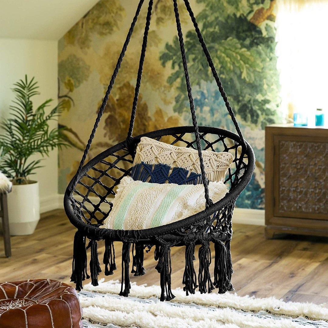 Macrame hanging swing chair boho woven fringe indoor outdoor hammock seat Kalsten