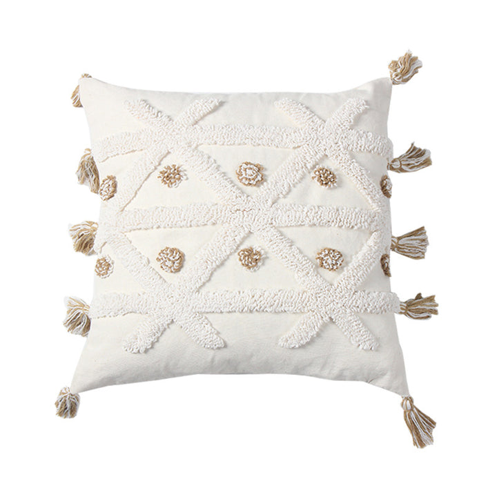 Decorative Textured Cotton Throw Pillow with Tassels and Tufted Geometric Pattern