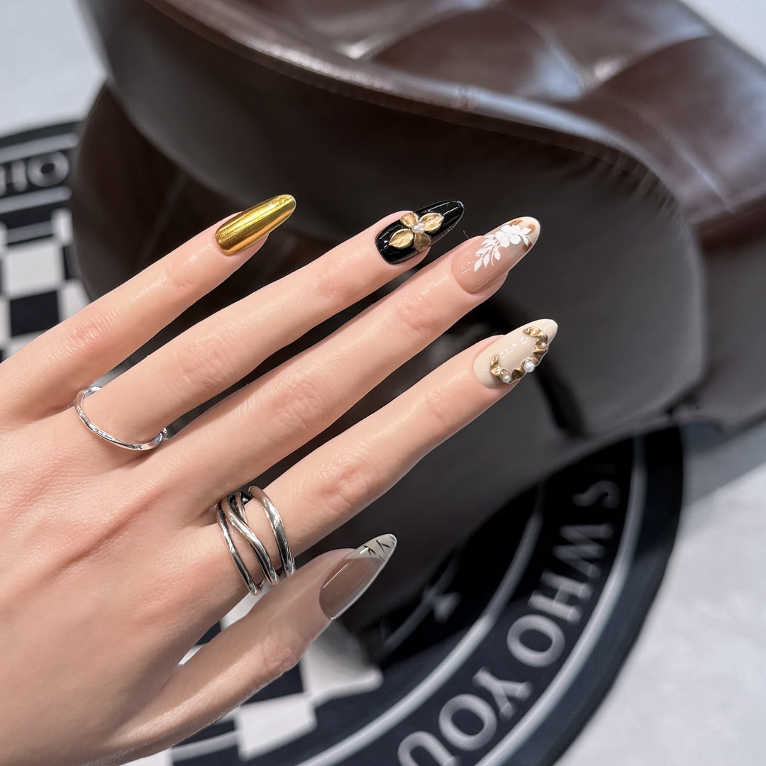 Artistic Press-On Nail Set with Decorative Floral Elements Kalsten