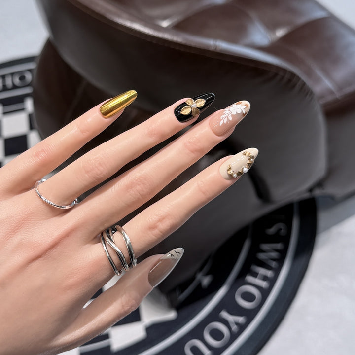Artistic Press-On Nail Set with Decorative Floral Elements Kalsten