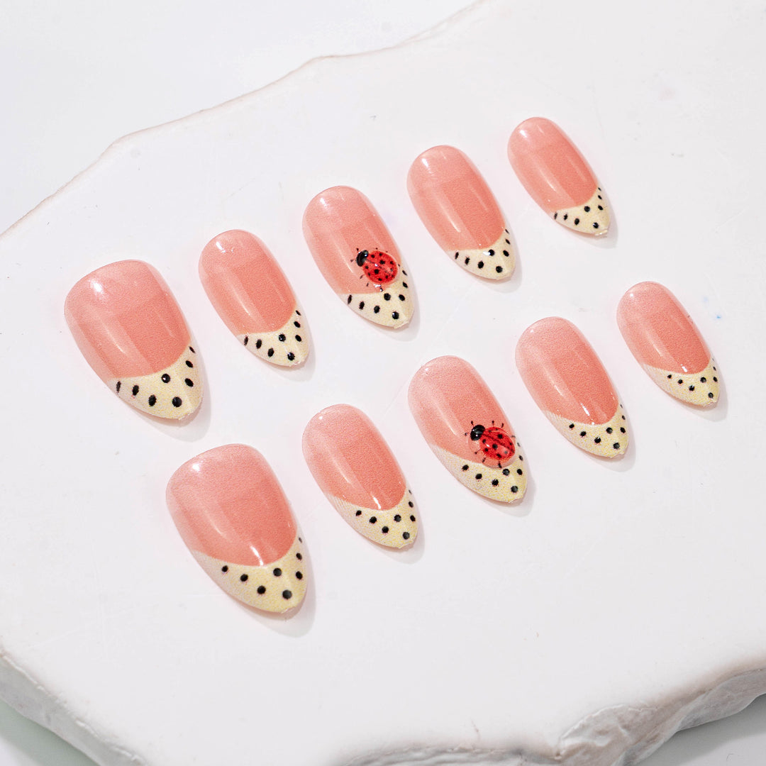 Artistic Press-On Nail Set with Ladybug and Polka Dot Design Kalsten