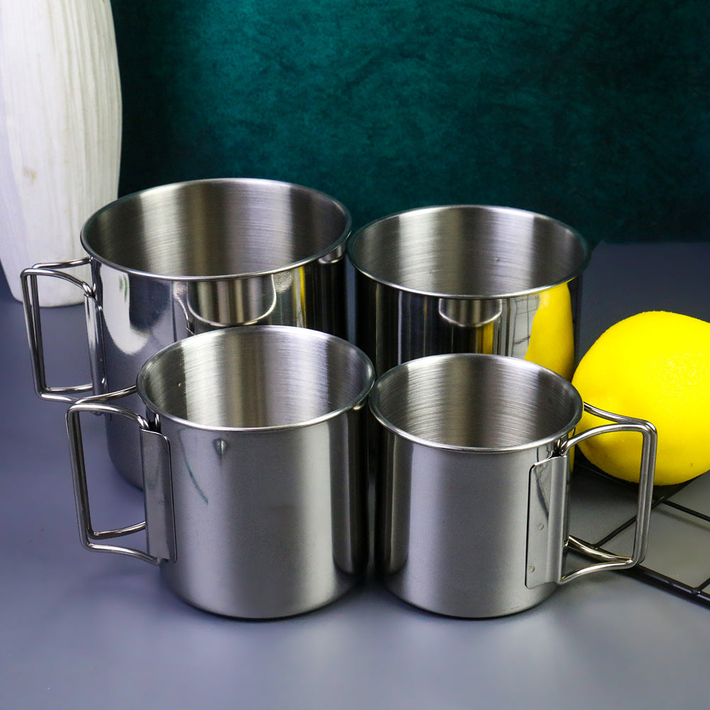 stainless steel nesting camping mug set with fold-flat handles and rolled rims Kalsten