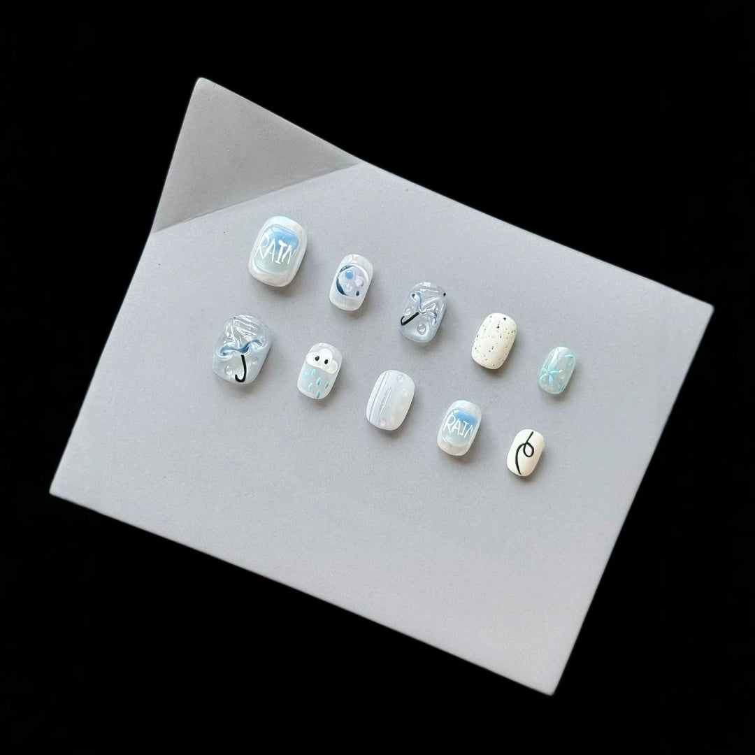 Artistic Press-On Nail Set with Rain Theme