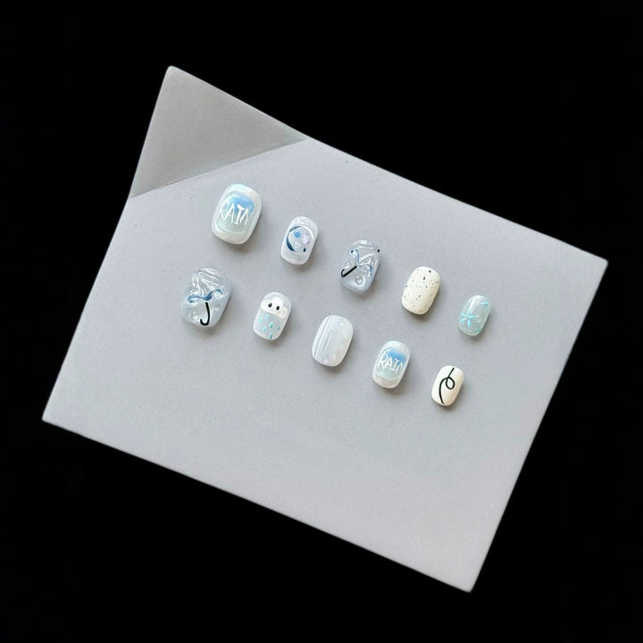 Artistic Press-On Nail Set with Rain Theme